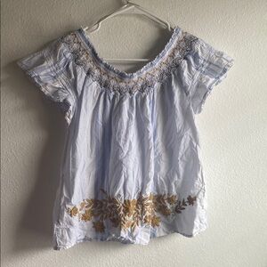 White and Gold Smocked Short Sleeve Blouse